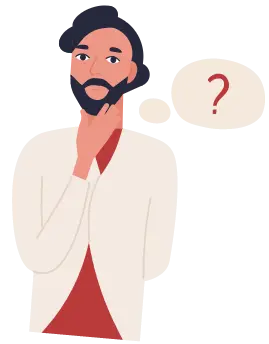 A bearded man with a question mark on his head, symbolizing confusion while seeking assistance from the support team of a budget finance app.