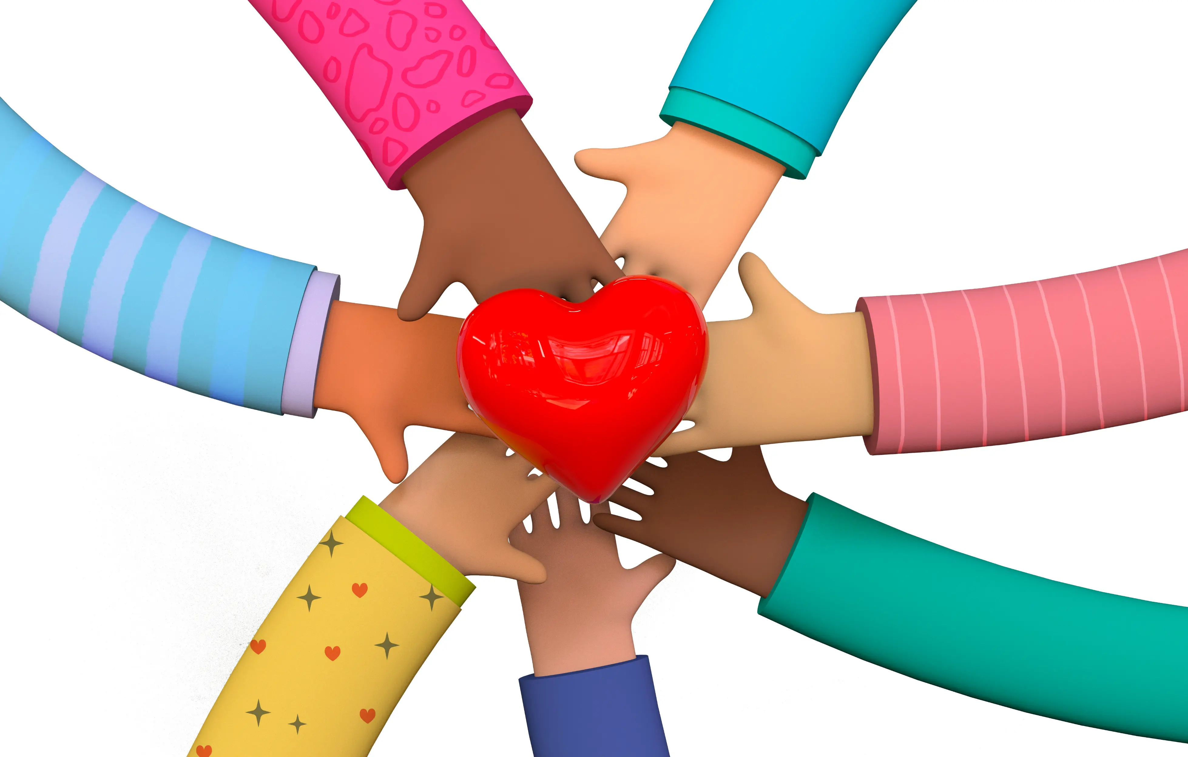 A heart held by multiple hands, symbolizing unity, love, and support.