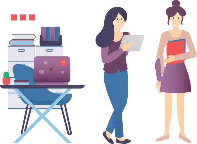 Two women discussing features of Best Budget personal finance app, standing in front of a desk with a laptop.