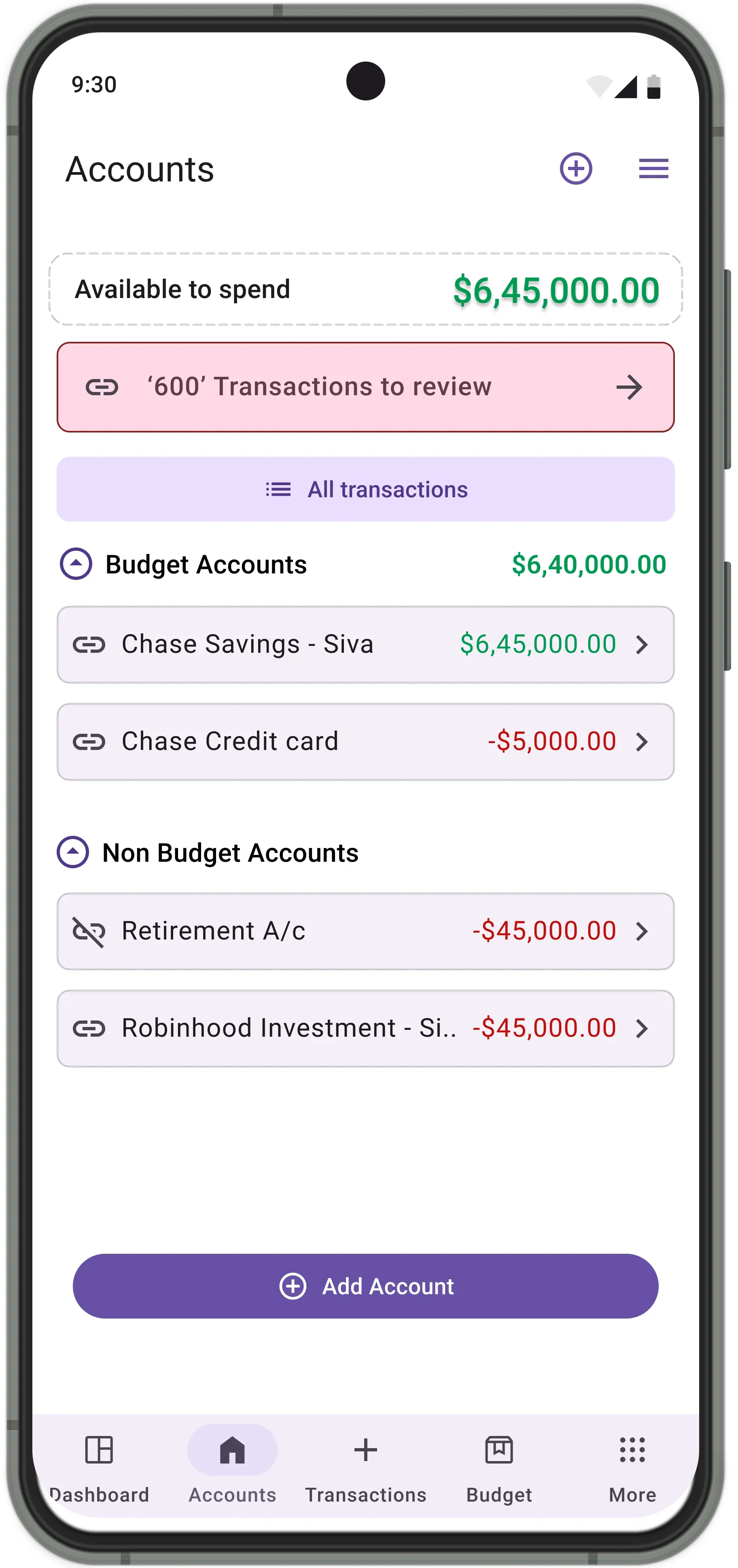 A mobile phone displaying the Best Budget app, featuring the accounts page.