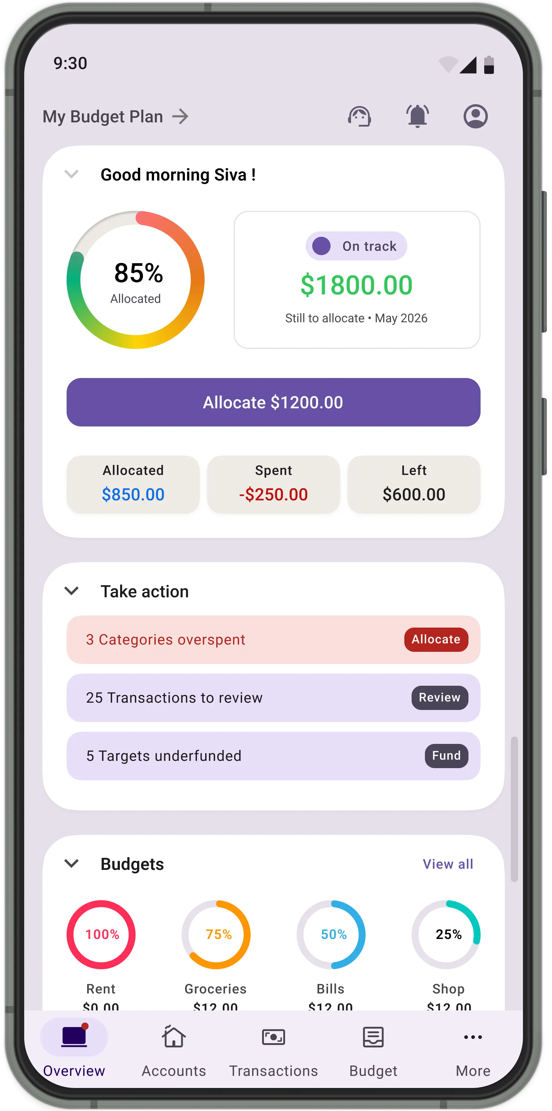A screenshot showing a budget page with  list of categories and their allocation amounts in Best Budget personal finance app.