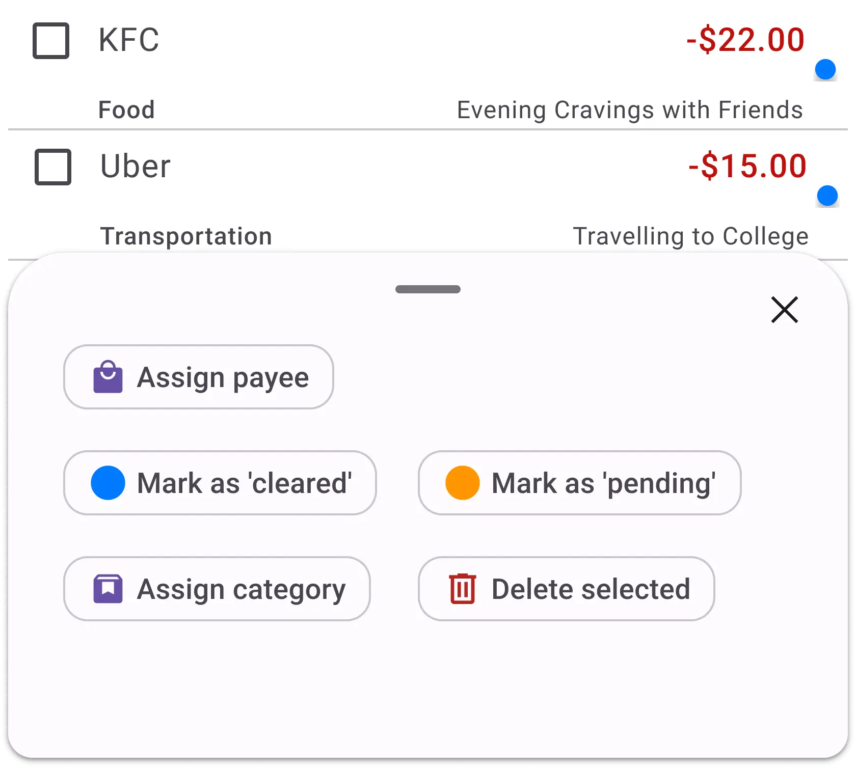 A snapshot from Best Budget app displaying how to perform bulk actions on transactions