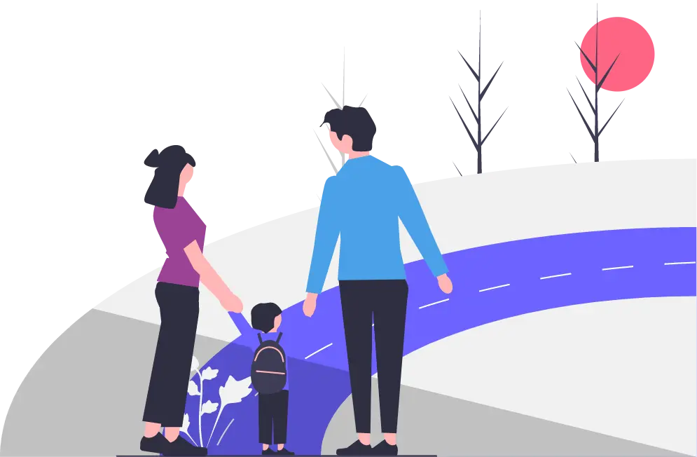 A happy family walking on a road with a child, representing  that their futire is secured using the Best Budget personal finance application.