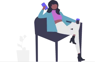 A woman sitting on a chair with a cup of coffee, using the Best Budget personal finance application on her mobile.